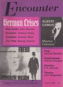 Upper wrapper of the February 1967 issue of Encounter, a design of monochrome photographs, pink, and purple