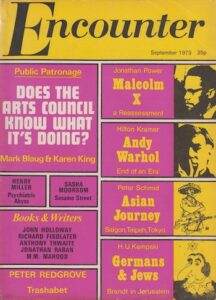 Upper wrapper of the September 1973 issue of Encounter, printed in black on bright pink and yellow